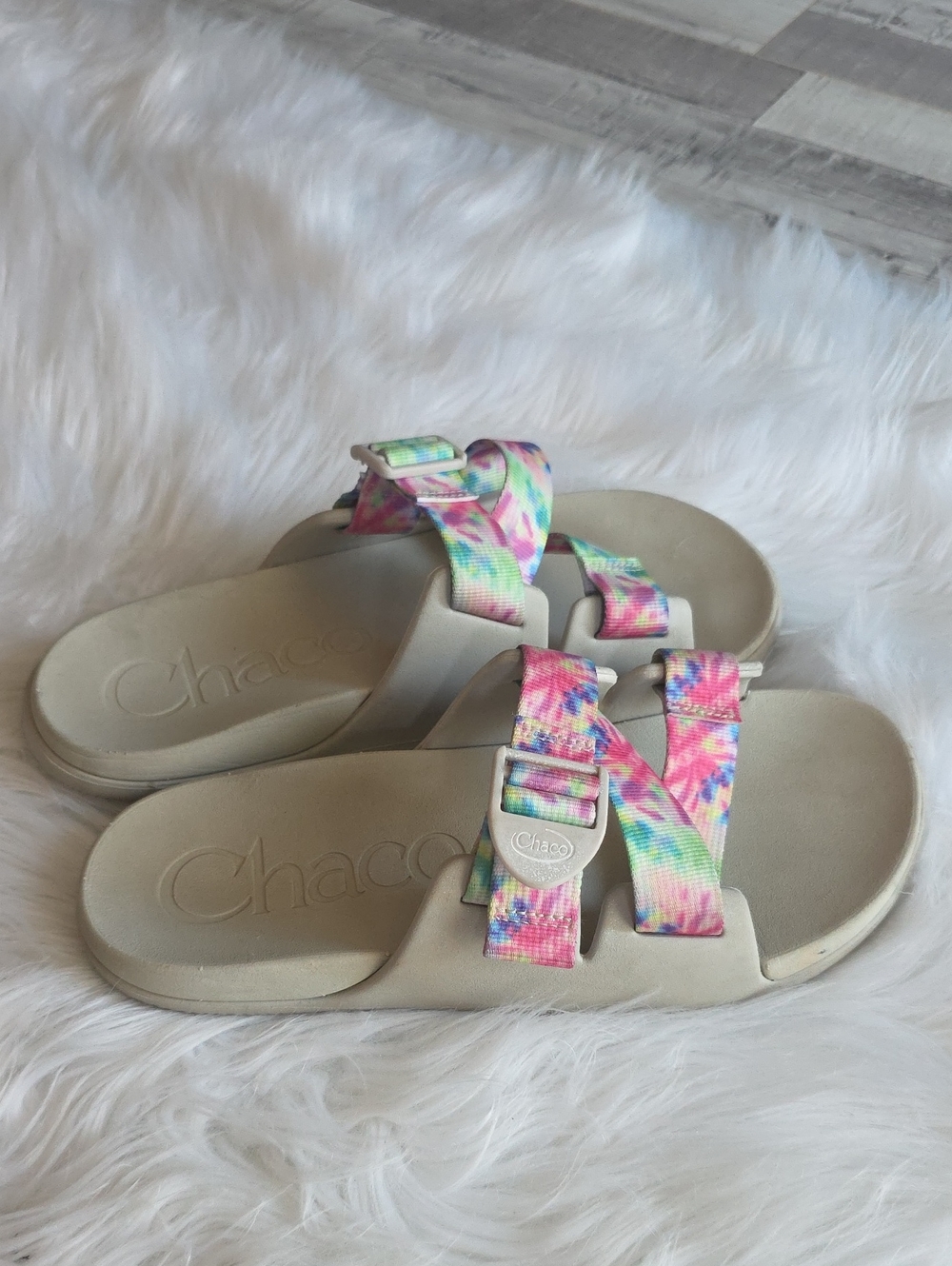 Chaco Slide Sandals with Pastel Tie-Dye Straps Size 8